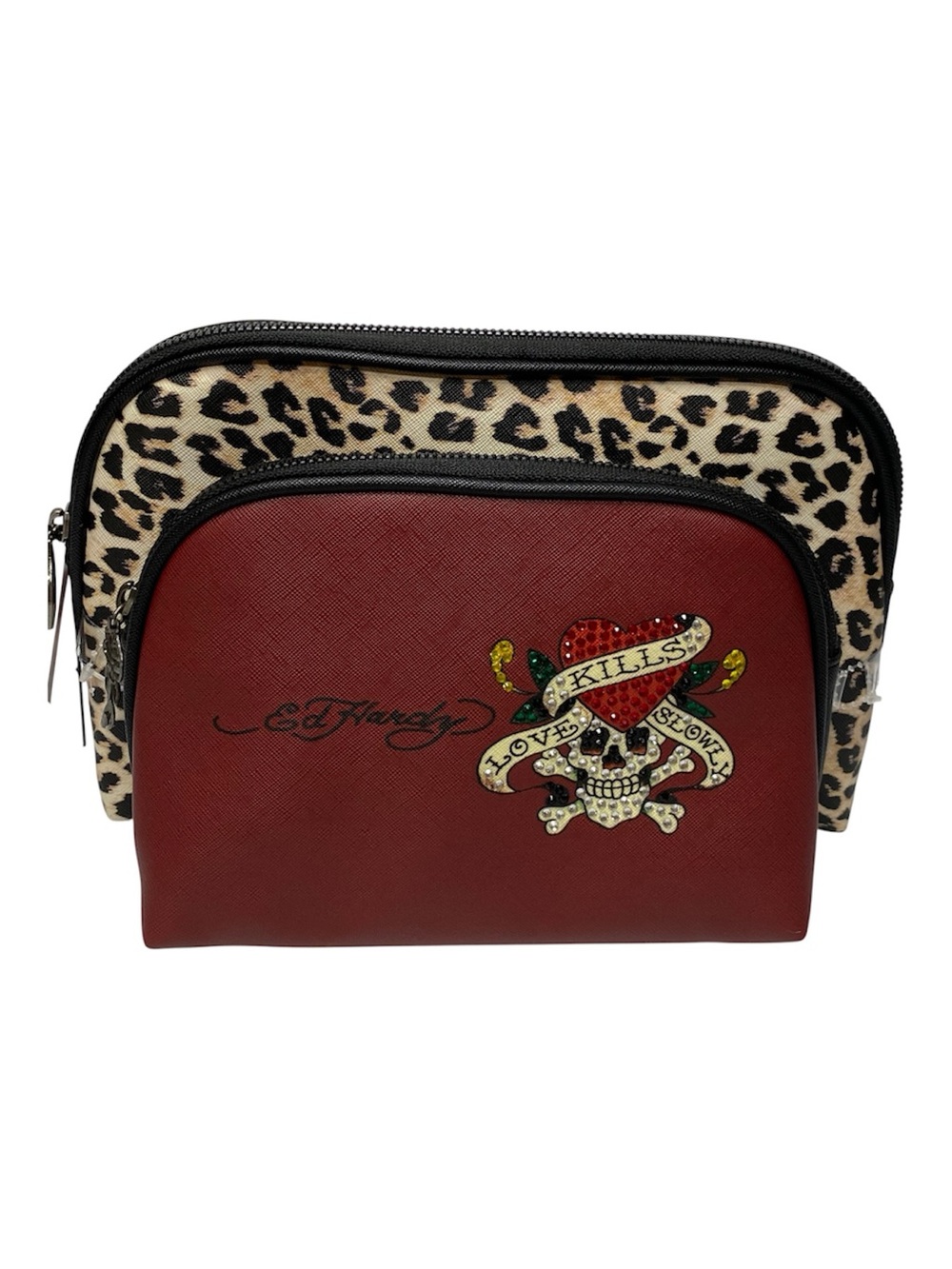 Ed Hardy Y2K 2PC Cosmetic Bag Set Leopard Love Kills Slowly Rhinestone NWT